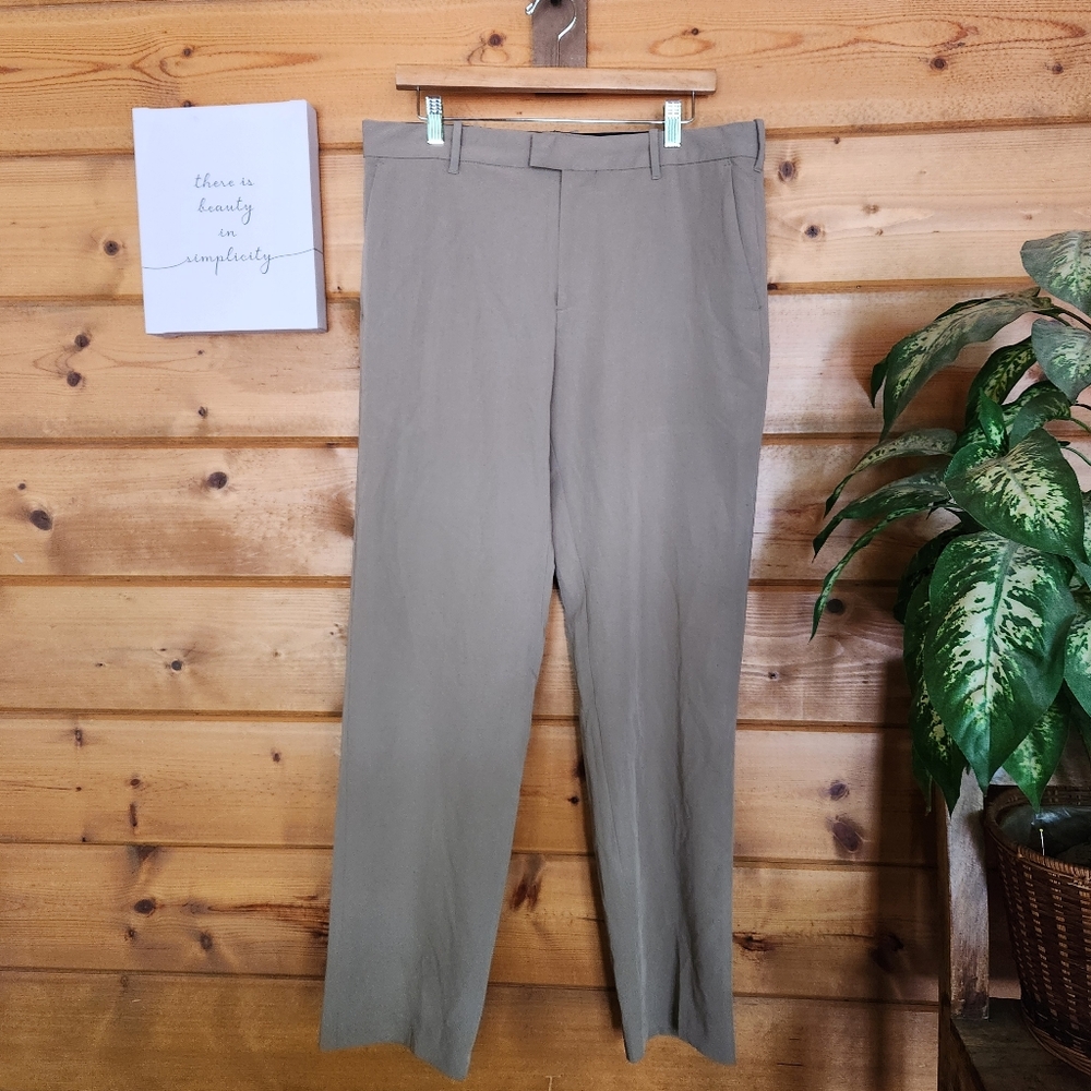 Van Huesen Flex Waist Straight Slacks Twill Pants Khaki Stretch Sz 34(36) X 32"